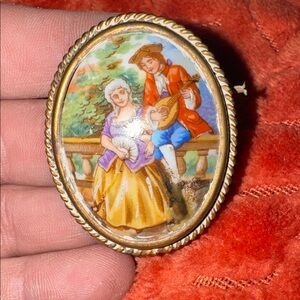 Vintage Limoges Hand-Painted Porcelain Courting Couple Brooch Pin.